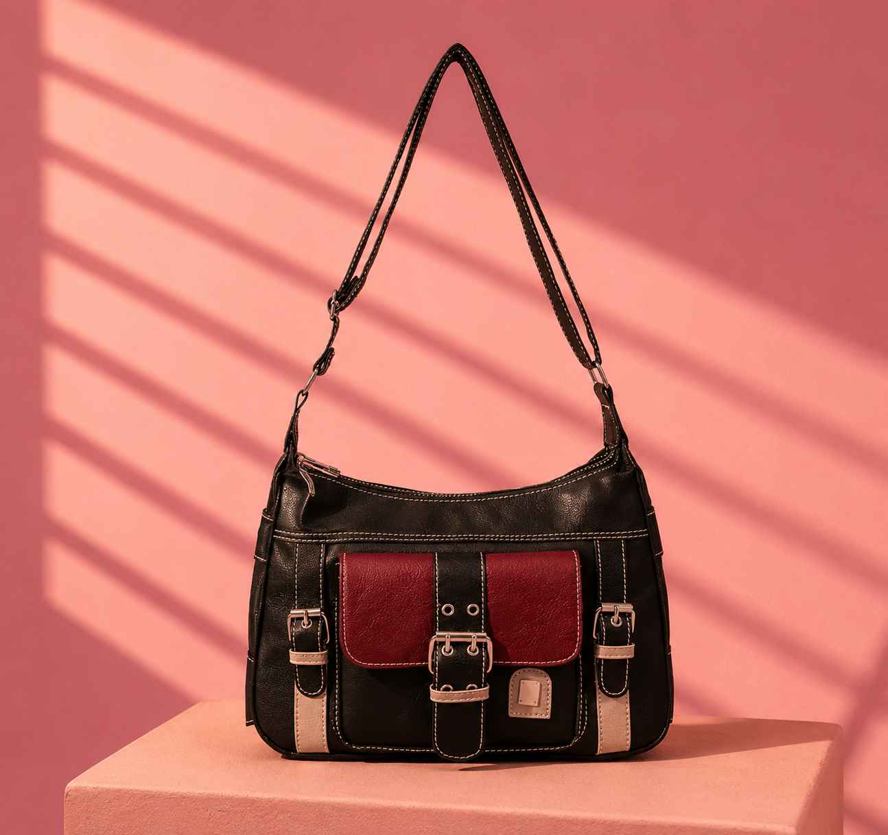 Black x Maroon leather bag